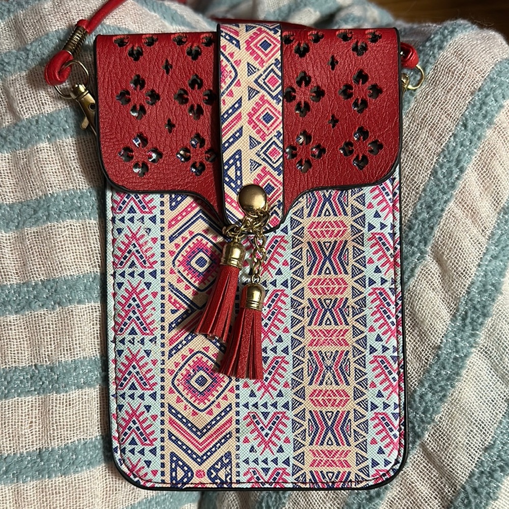 Red and Pink Crossbody Bag with Ethnic Patterns